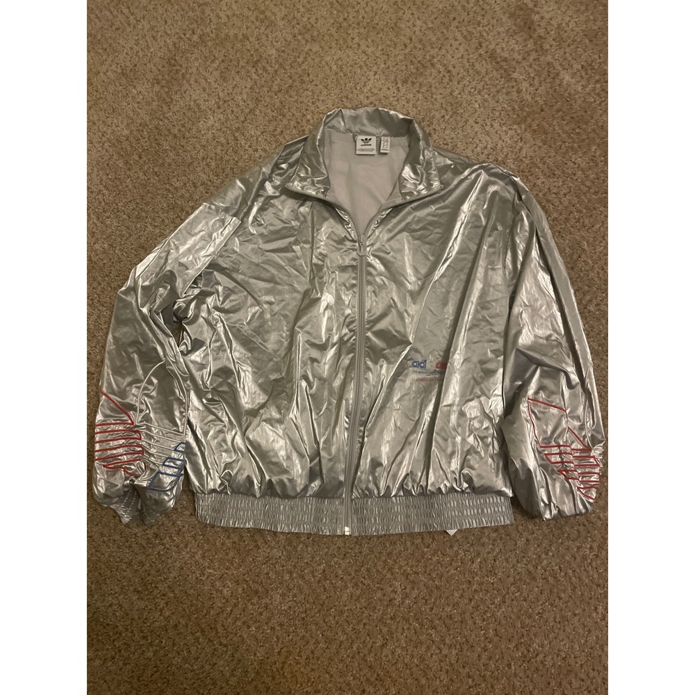 Adidas Men's M Tricolor Track Jacket Silver Metallic Full Zip Embroidered Logo